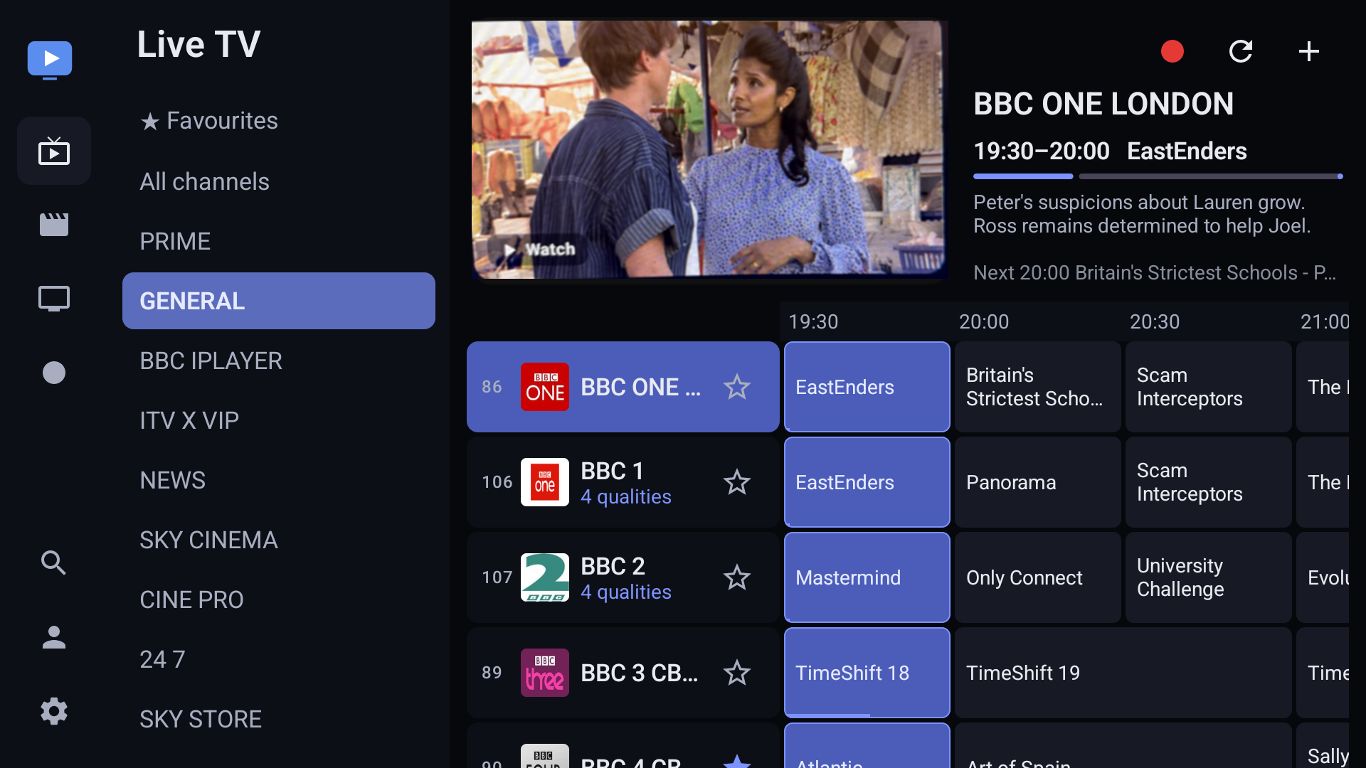 OpenTV live TV guide with the current channel playing in the preview pane